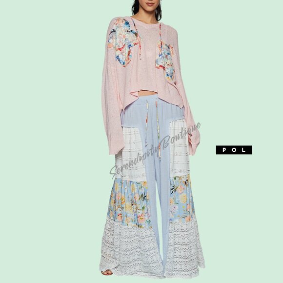 POL Flowy Lace & Double Gauze Floral Patch Palazzo Wide Leg Breezy Pants - Picture 8 of 11